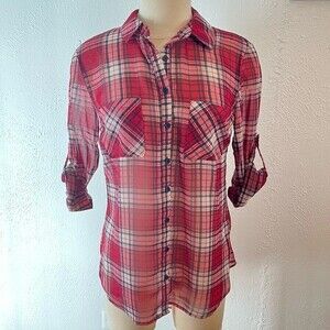 Xhilaration Sheer Pink Plaid Rolled Tab Long Sleeve Button Down Collared Shirt